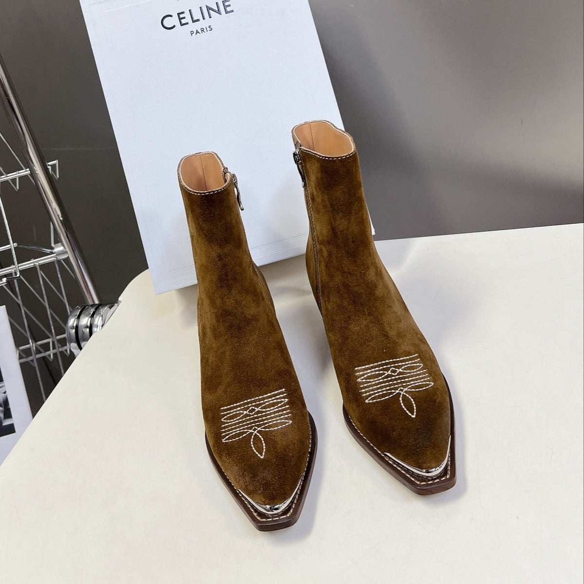 CELINE 25 Cowboy Boots Brown Suede 434416