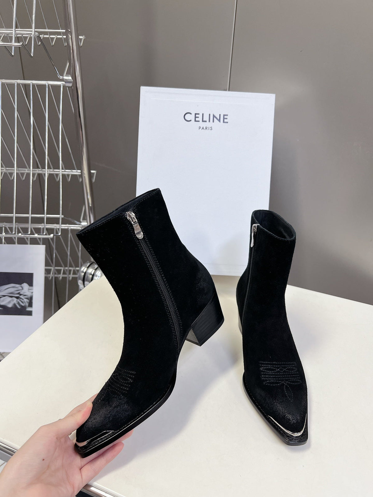 CELINE 25 Cowboy Boots Black Suede 434418
