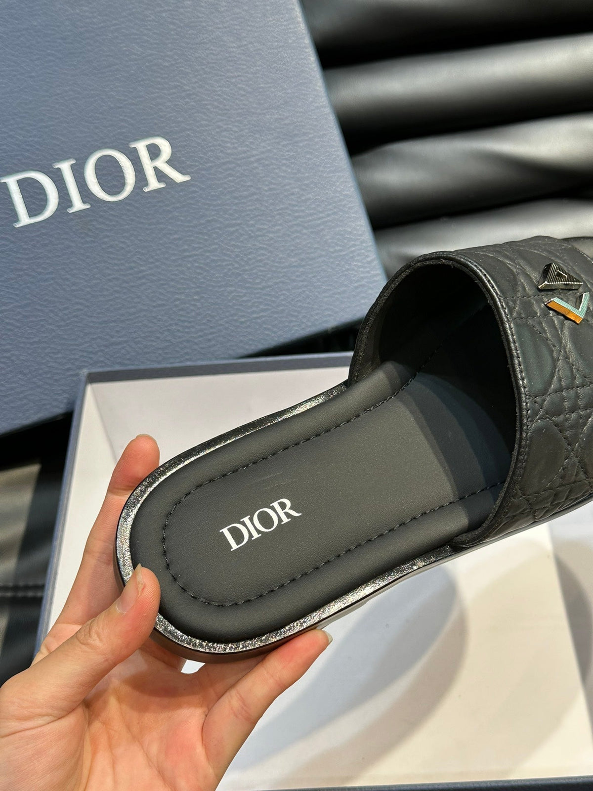 CD ALIAS SUMMER SLIPPER BLACK EMBOSSED CALFSKIN