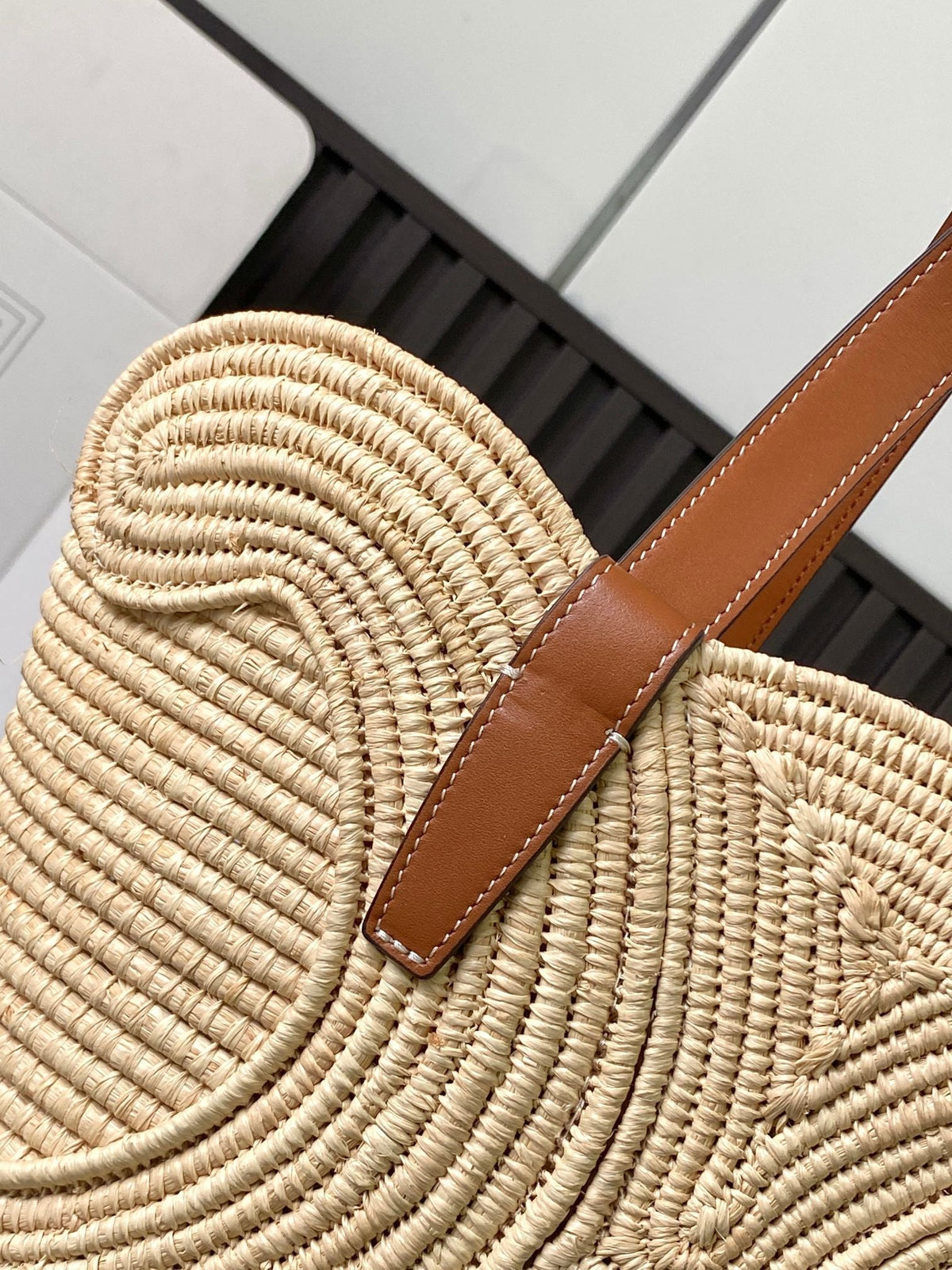 Celine Classic Panier 36cm Braieded Triomphe Beige Raffia Brown Calfskin