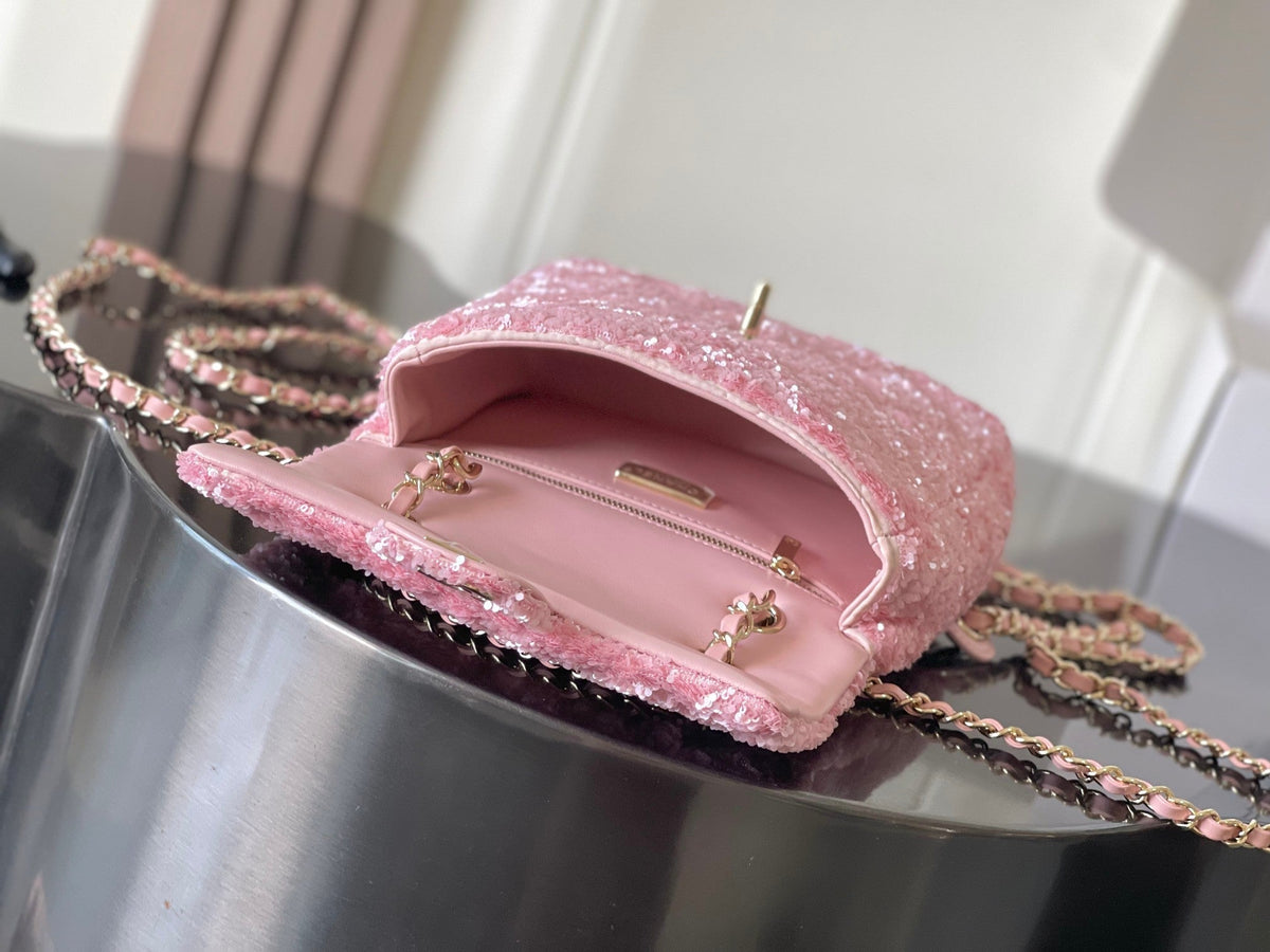 Chanel 25 Sequin Embroidered 21cm Bag Pink Leather Sequins 286171