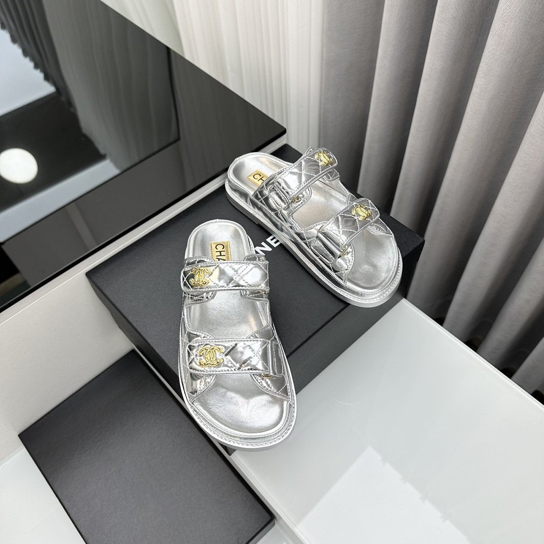 dad sandals silver metalic lambskin mules