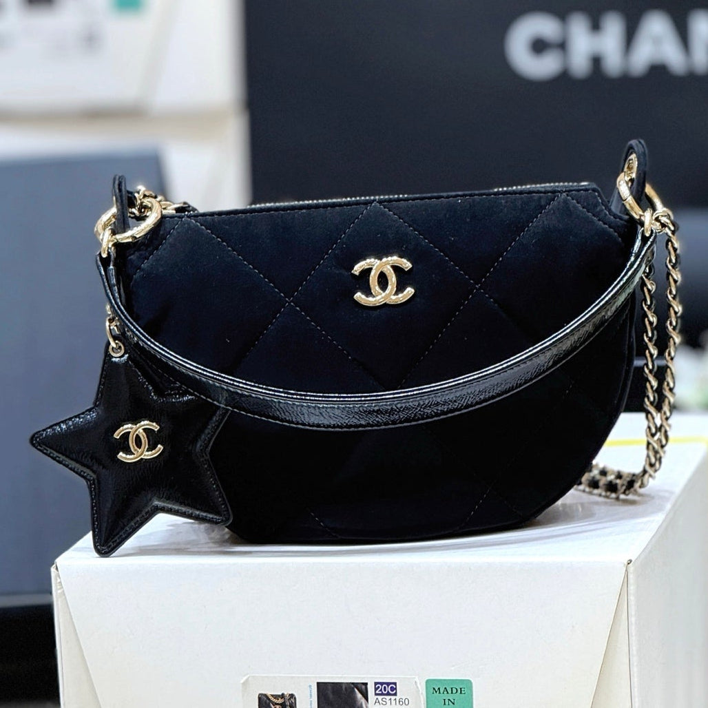 Chanel 2025 Clutch With Chain Black Gold Velvet Leather 346012