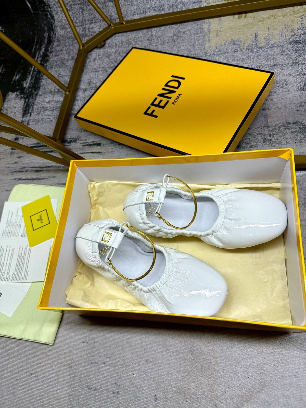 FENDI FILO BALLET IN WHITE LAMBSKIN WITH GOLD HARDWARE