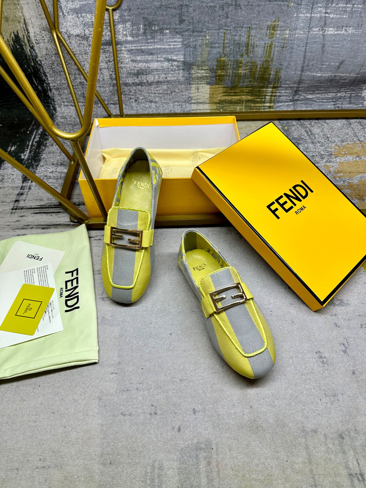 FENDI BAGUETTE LOAFERS IN GREY MIX LEMON YELLOW CANVAS GOLD HARDWARE
