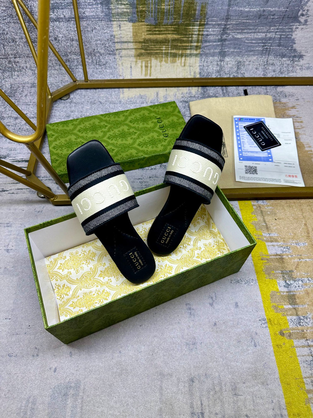GG Women's slide sandal with Web White mix Black Cotton Cavas 235096