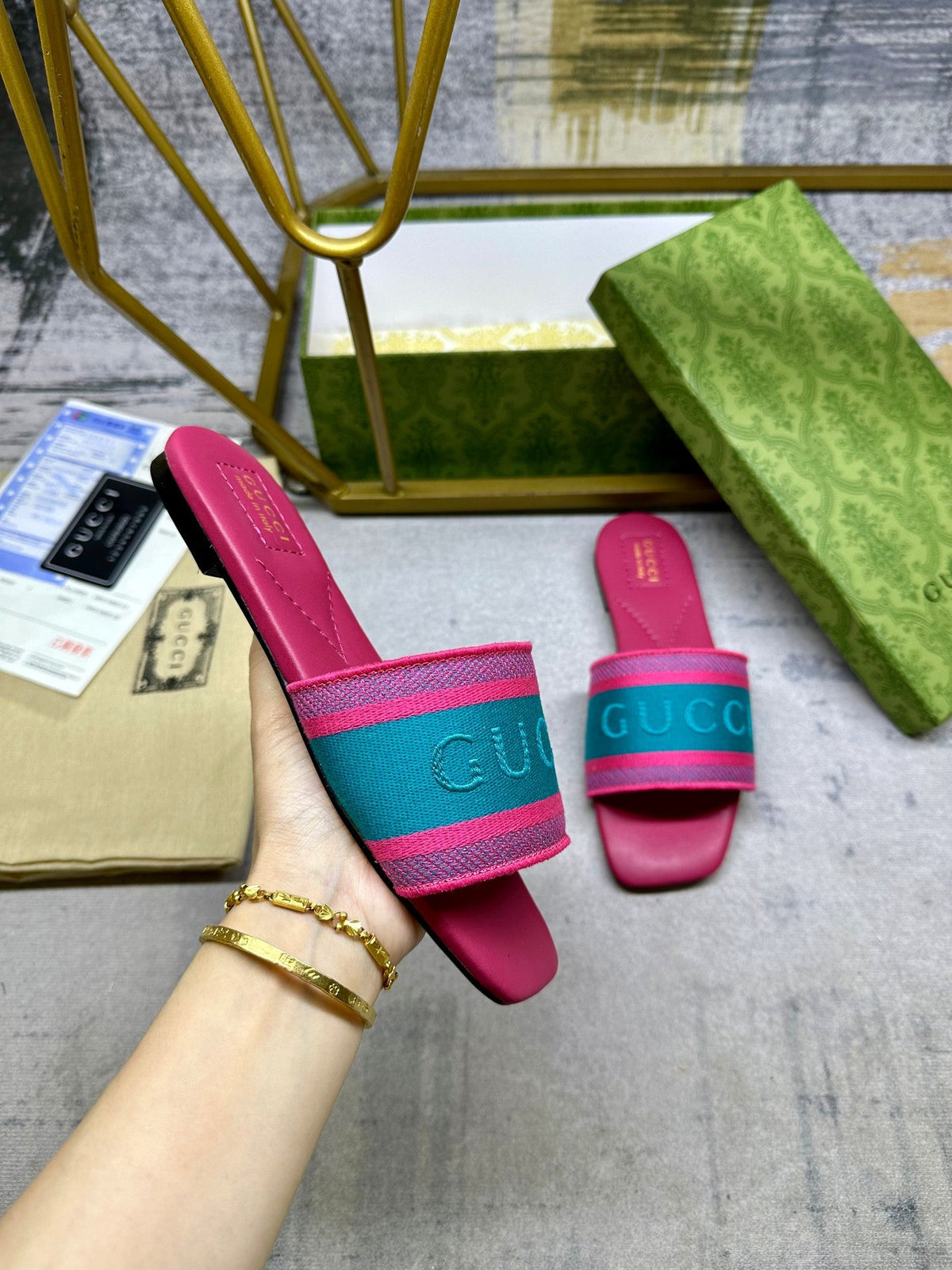 GG Women's slide sandal with Web  Pink mix Pine green Cotton Cavas 235095