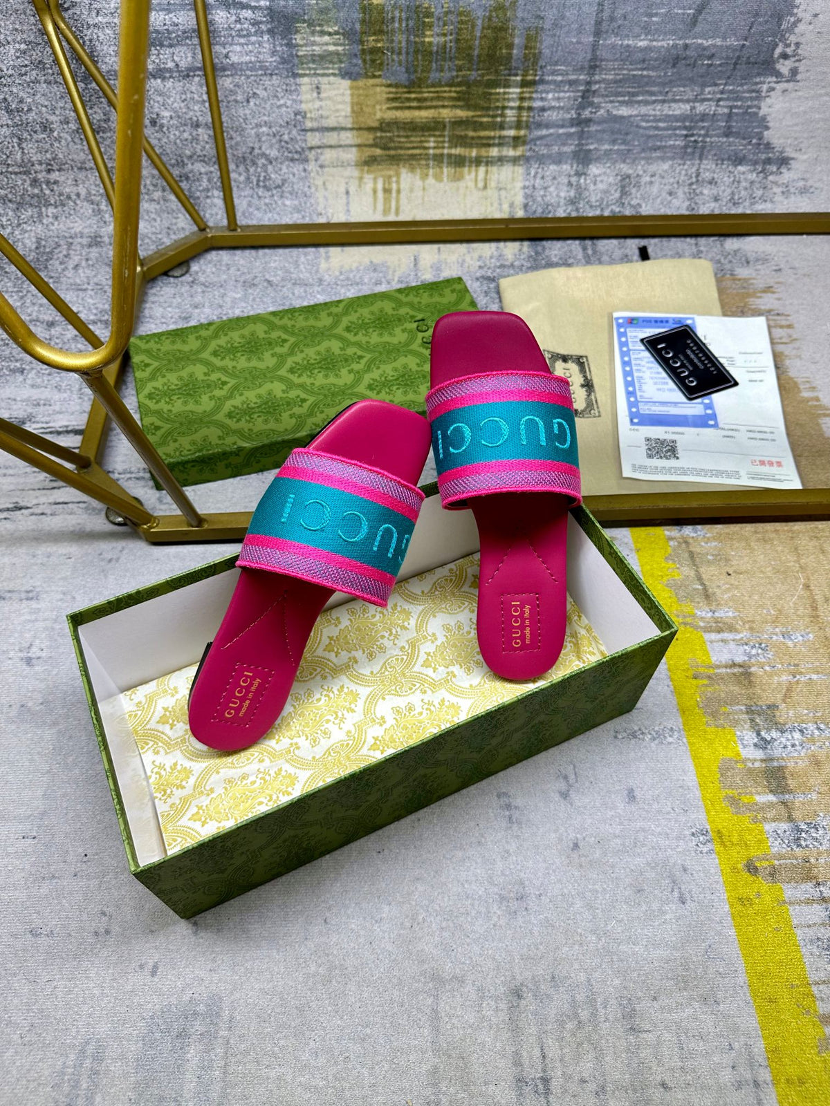 GG Women's slide sandal with Web  Pink mix Pine green Cotton Cavas 235095