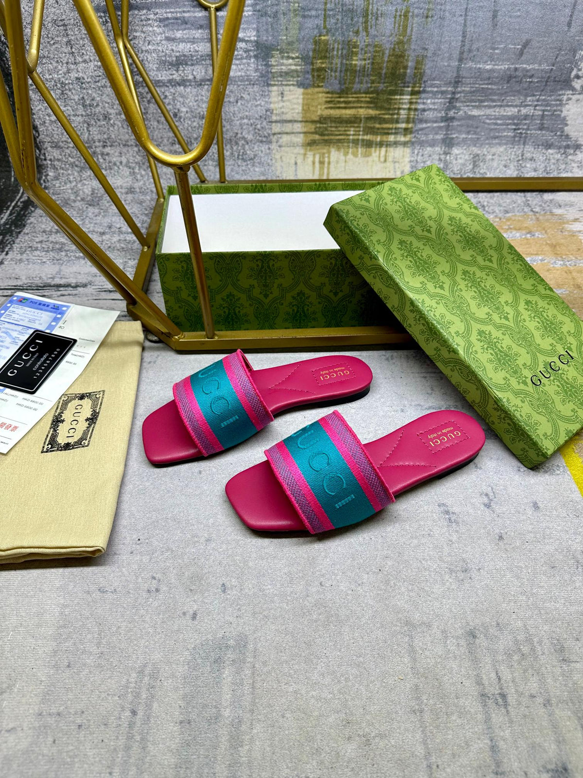 GG Women's slide sandal with Web  Pink mix Pine green Cotton Cavas 235095