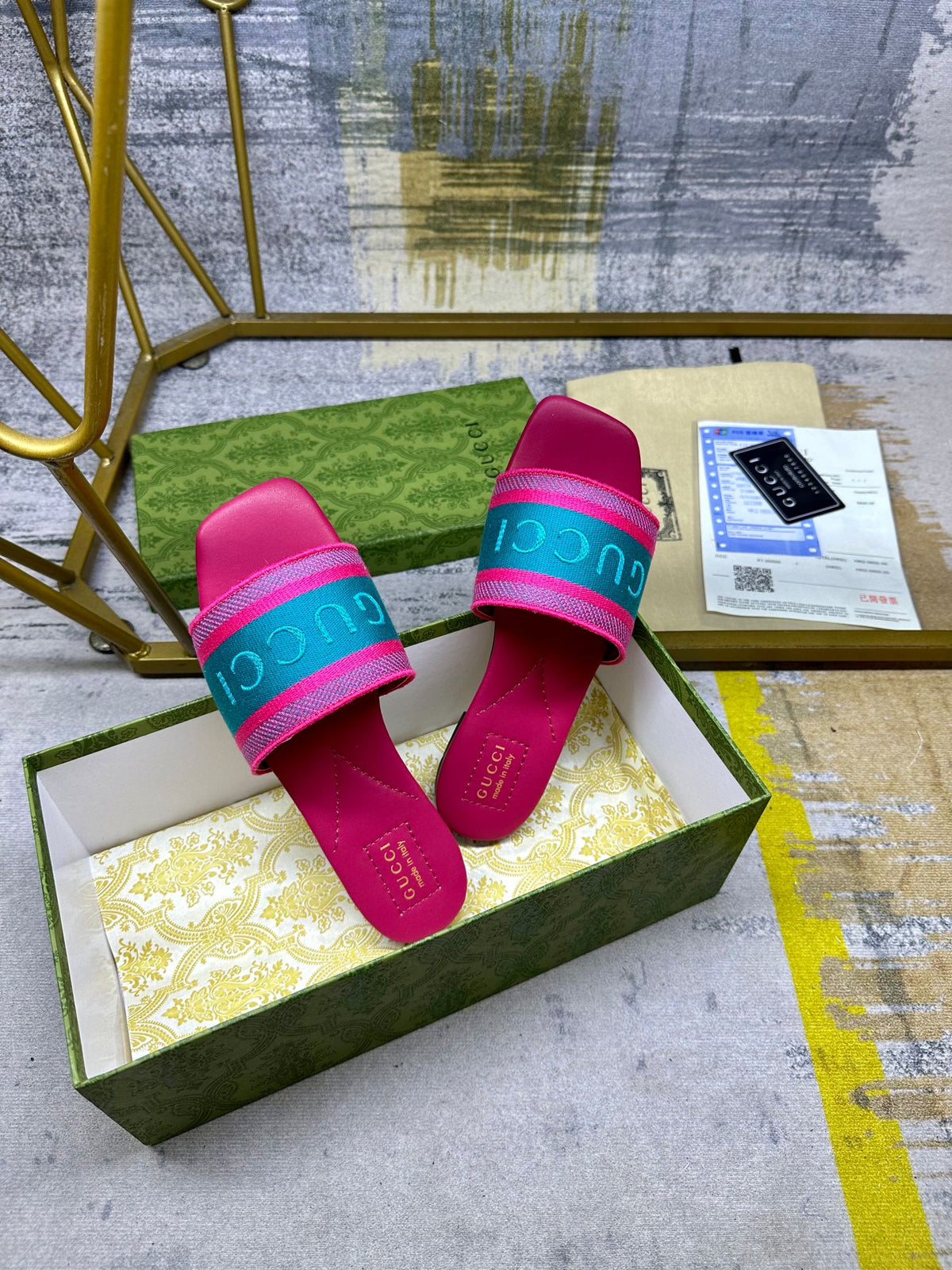 GG Women's slide sandal with Web  Pink mix Pine green Cotton Cavas 235095