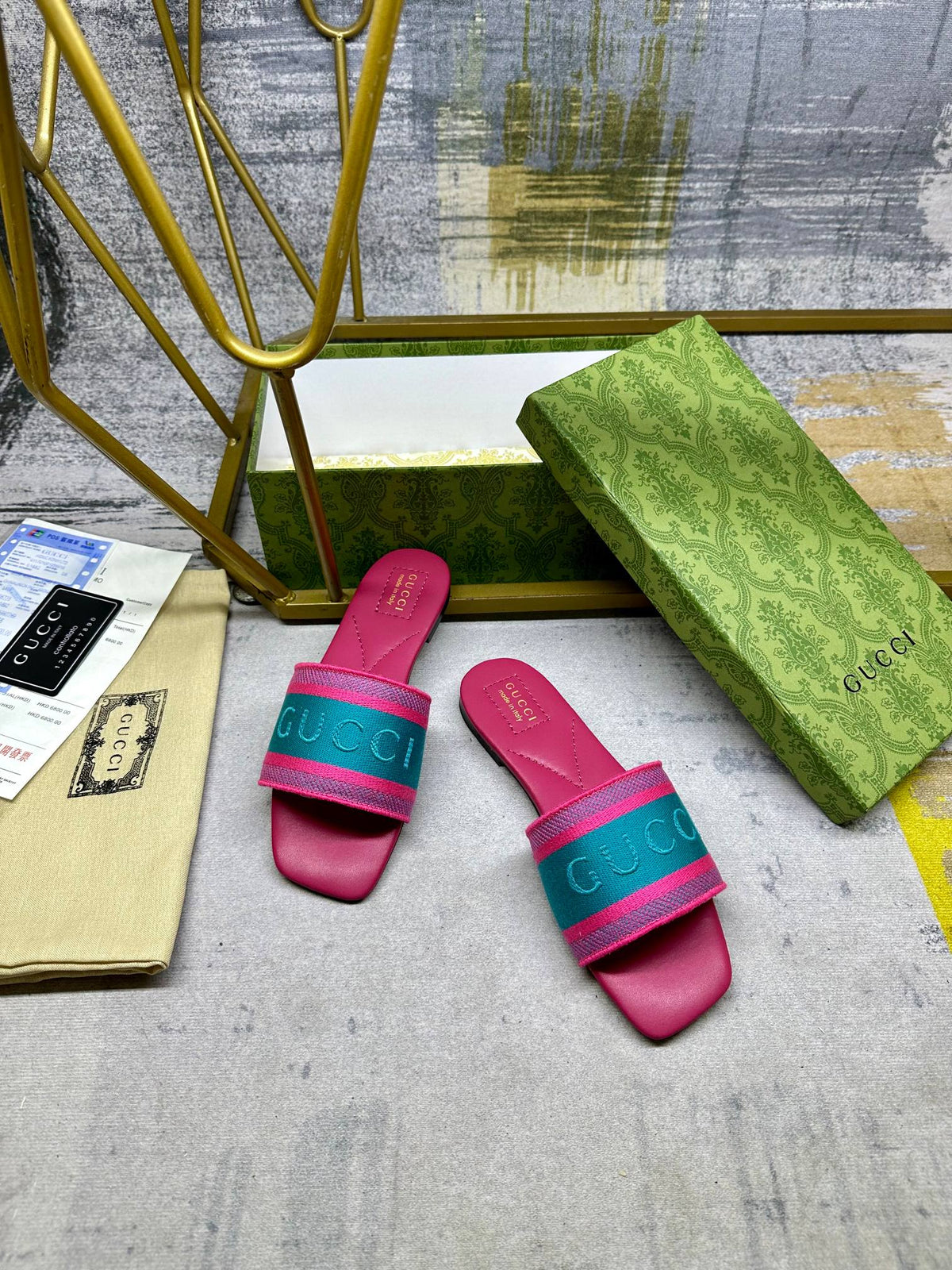 GG Women's slide sandal with Web  Pink mix Pine green Cotton Cavas 235095