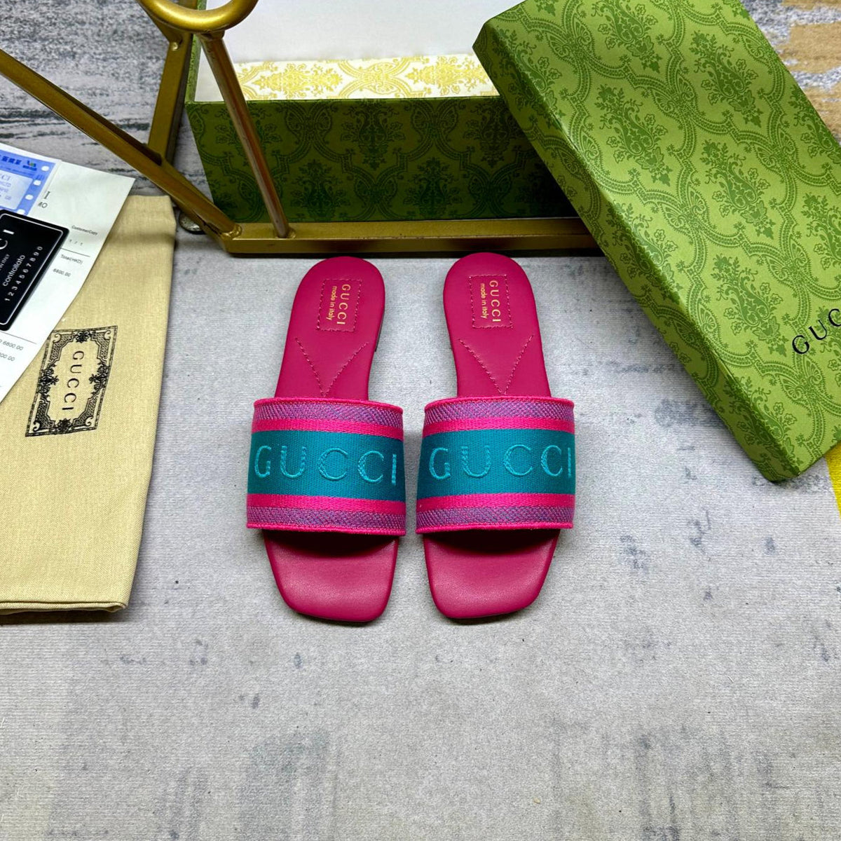 GG Women's slide sandal with Web  Pink mix Pine green Cotton Cavas 235095