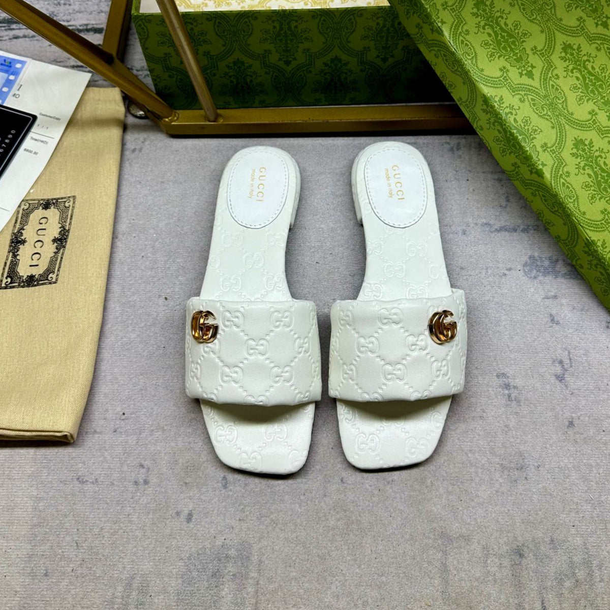 GG Women's slide sandal with Double G White Monagram Leather 235094