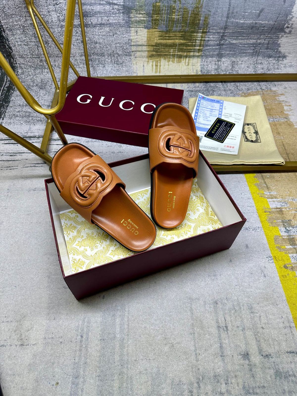 GG Slippers Caramel Brown Leather 235099