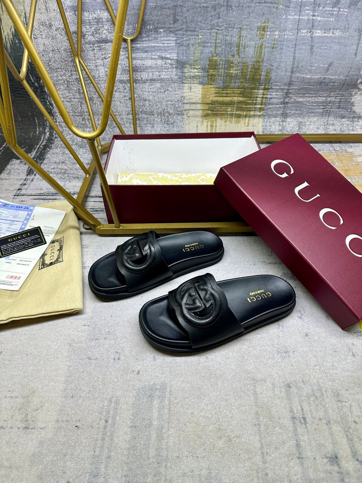 GG Slippers Black Leather 235100