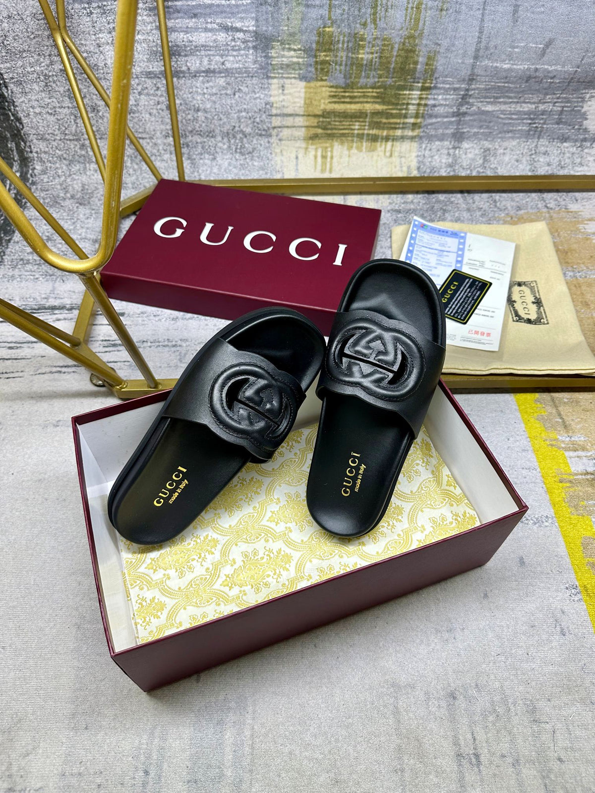 GG Slippers Black Leather 235100