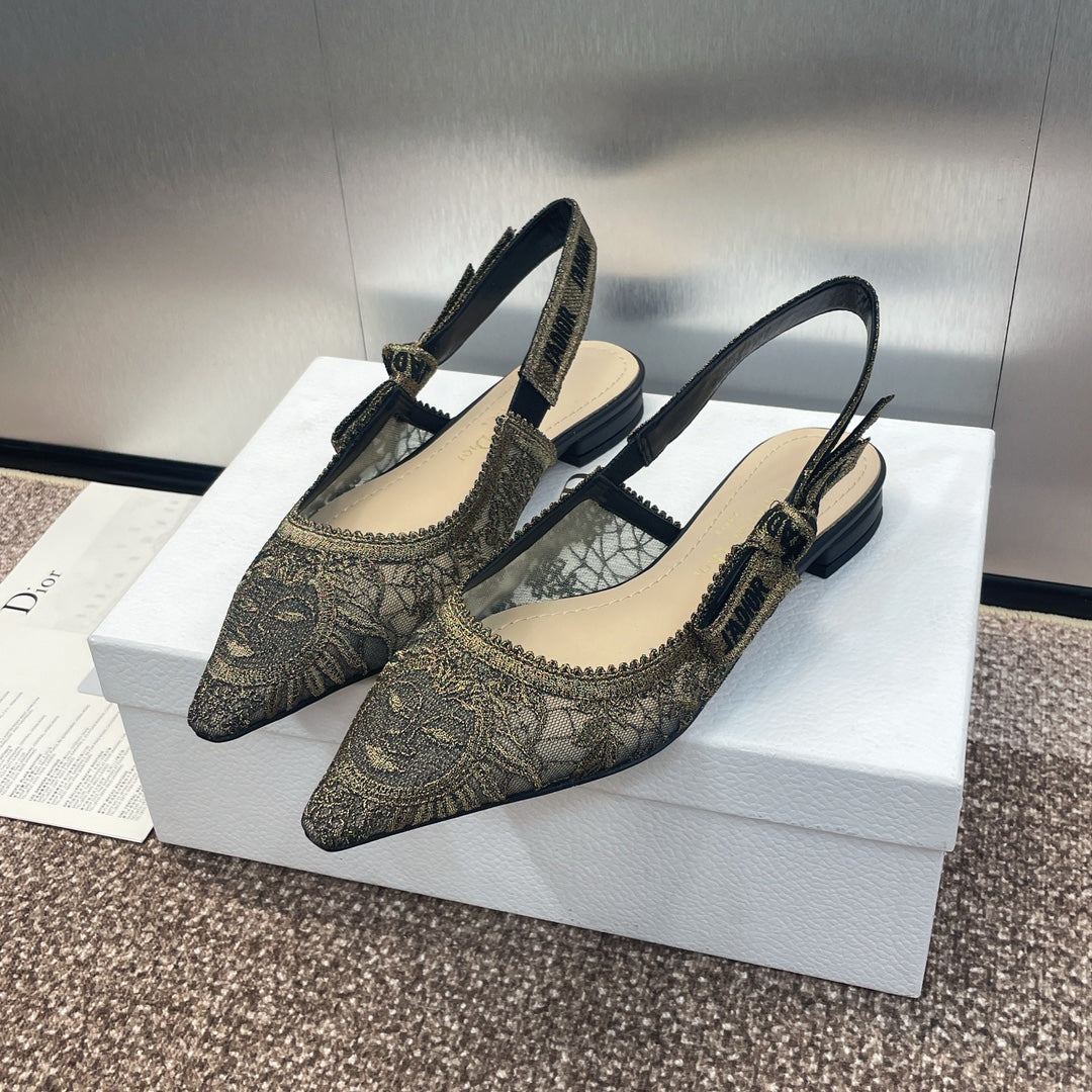 cd slingback flat transparent mesh embroidered black sun motif