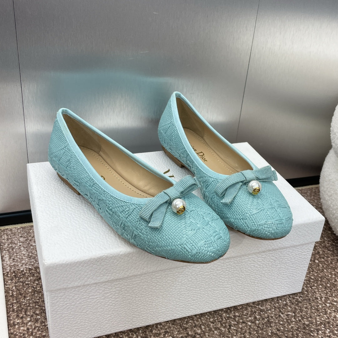 CD Ballet Flat Jade Green Woven Sedge And Lambskin