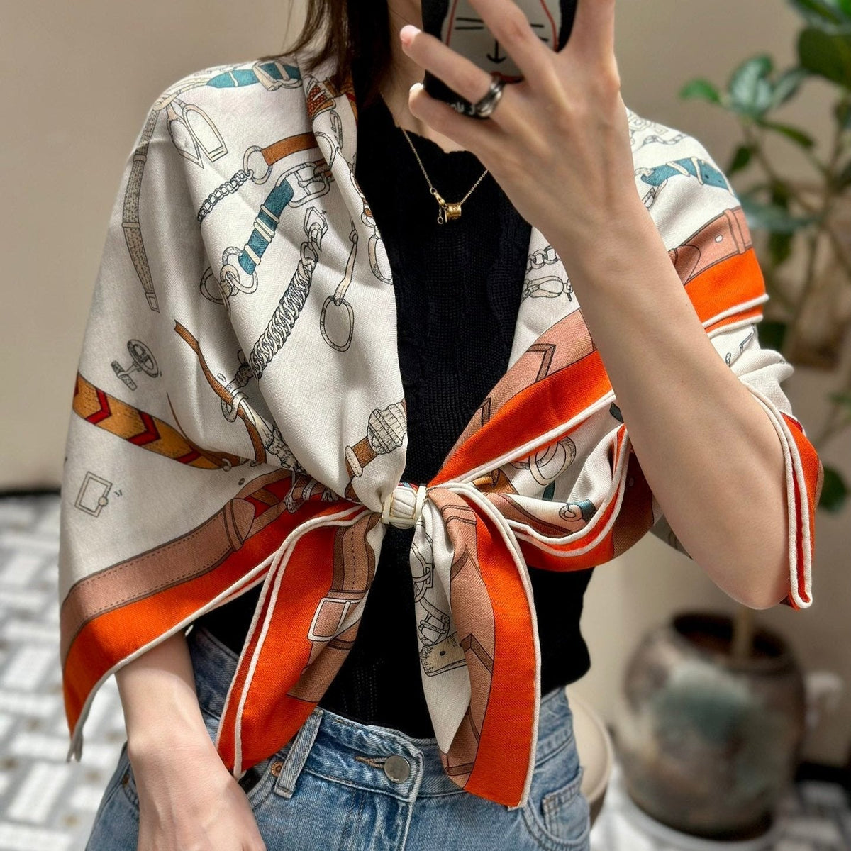 Chevaux Dechaines Shawl 135 CM IN Orange Colorful Cashmere Silk 373685