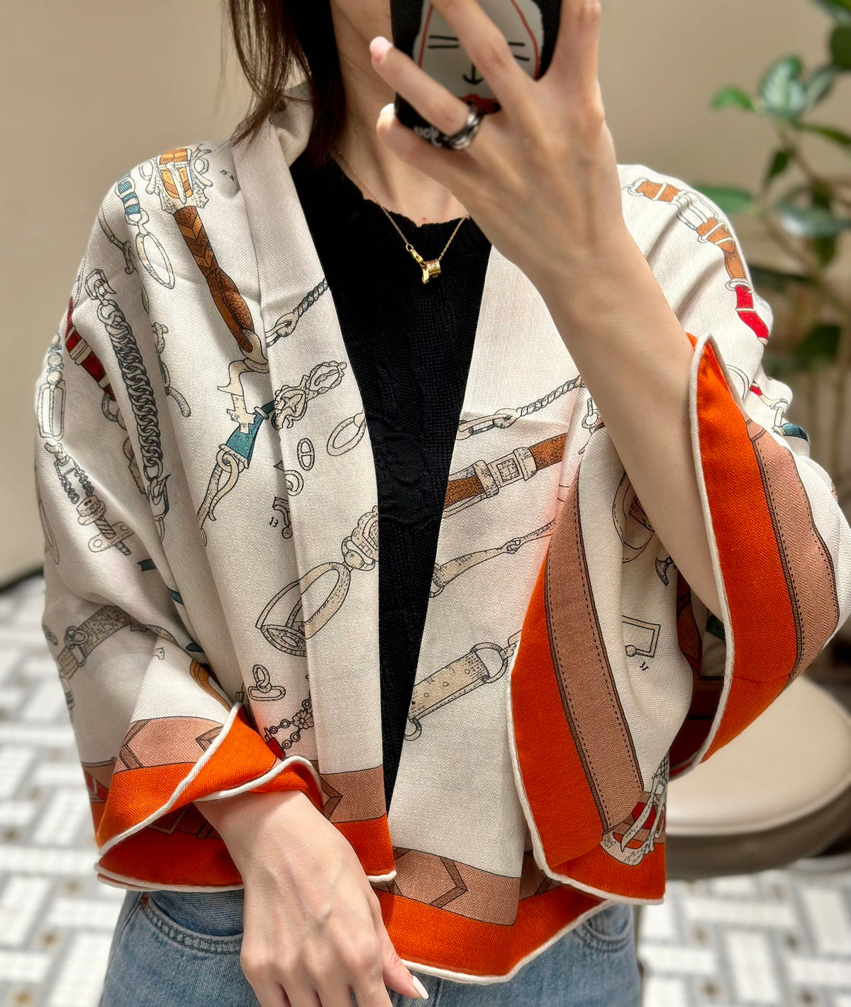 Chevaux Dechaines Shawl 135 CM IN Orange Colorful Cashmere Silk 373685