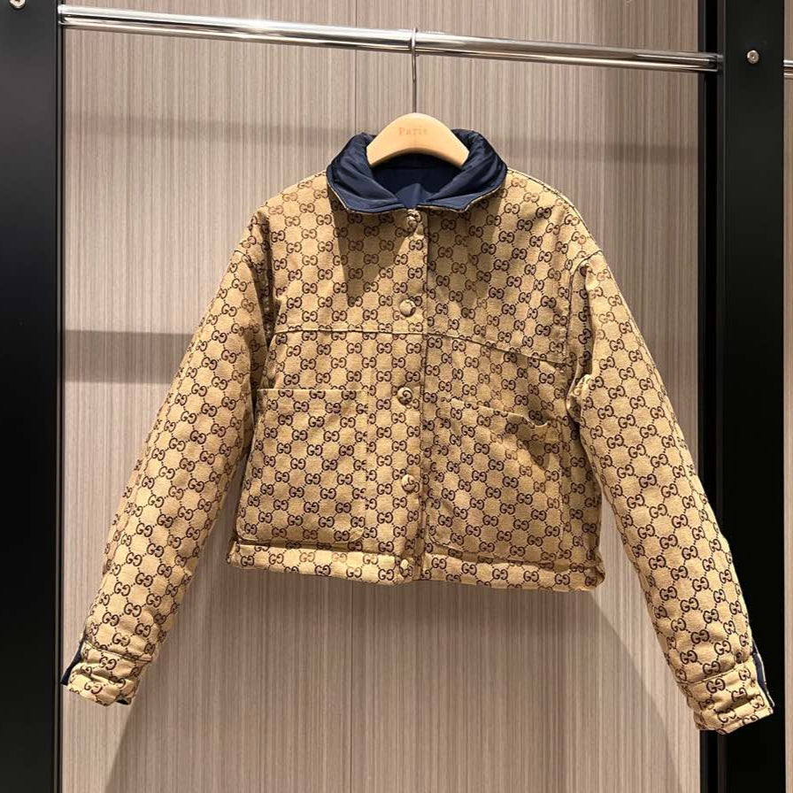 Gucci Quilted Jacket Beige Blue Polyester Fiber