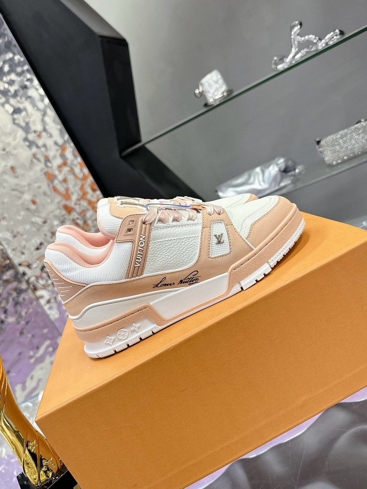 LV Trainer Sneaker White Beige Pink Cowhide