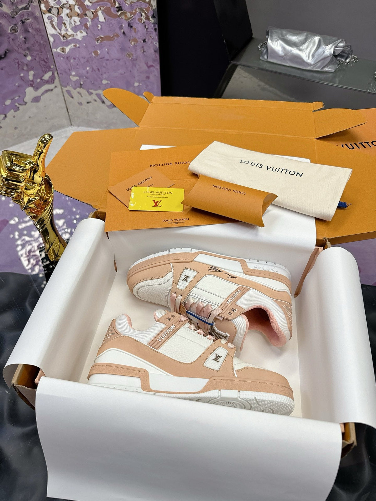 LV Trainer Sneaker White Beige Pink Cowhide