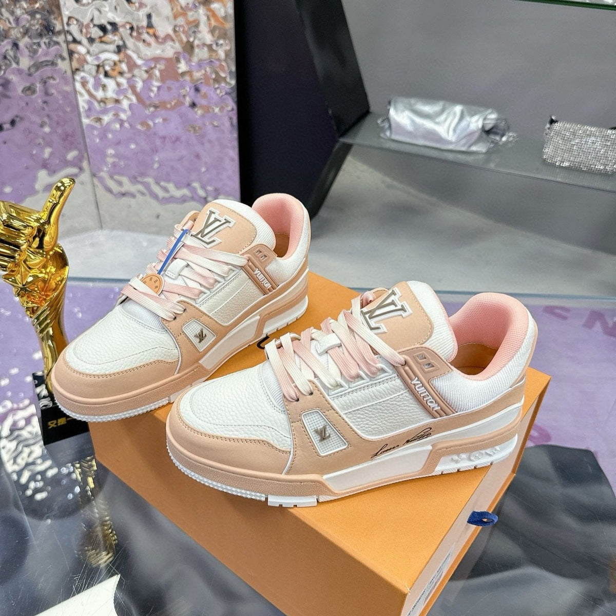 LV Trainer Sneaker White Beige Pink Cowhide