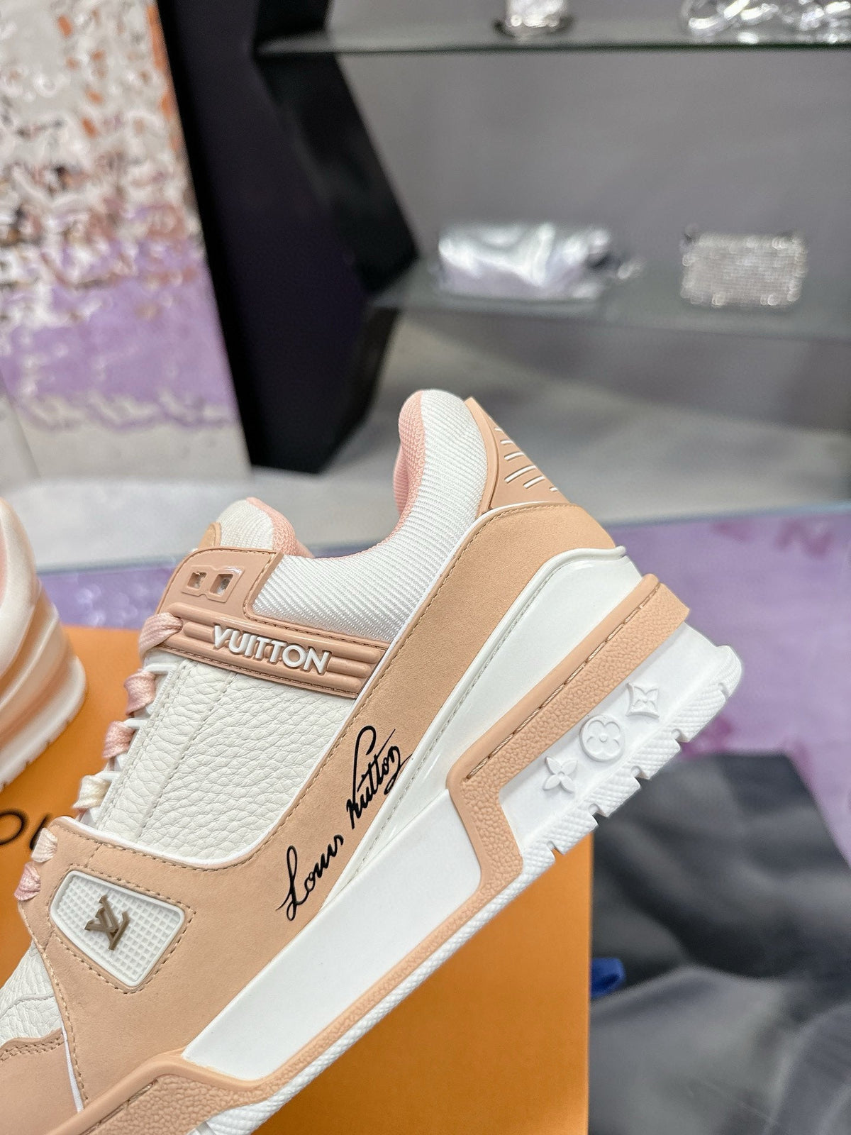 LV Trainer Sneaker White Beige Pink Cowhide