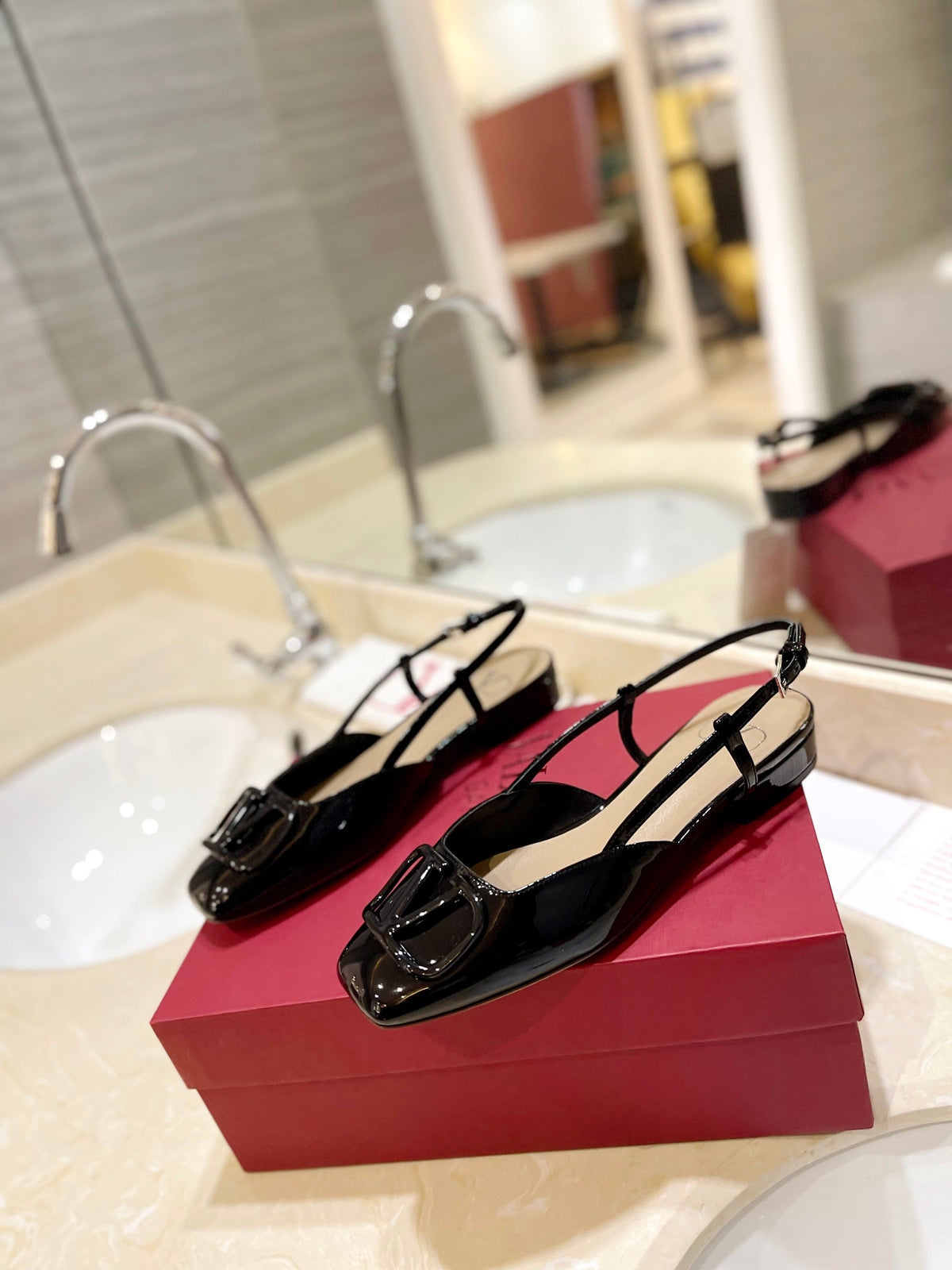 VLOGO BLACK PATENT LEATHER SLINGBACK FLATS