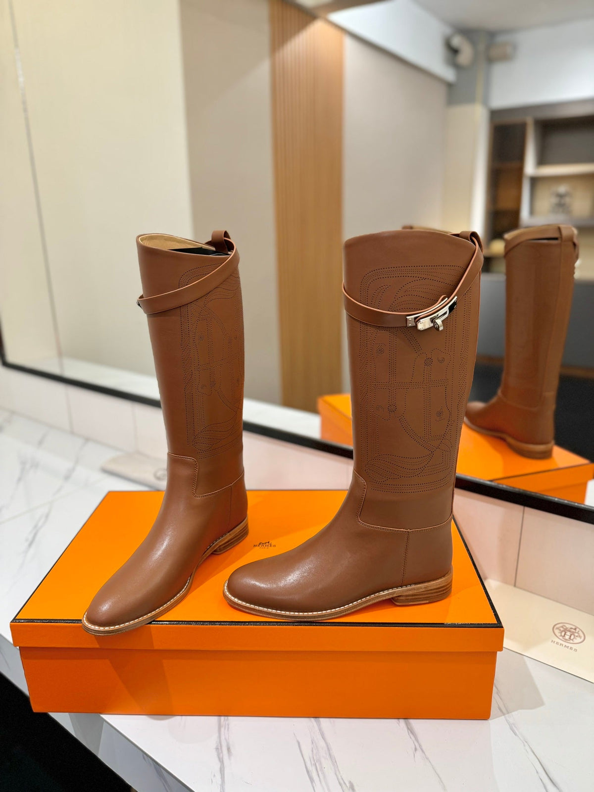 HM Jumping Boot 20MM Brown Printed Pattern Cowhide 992356