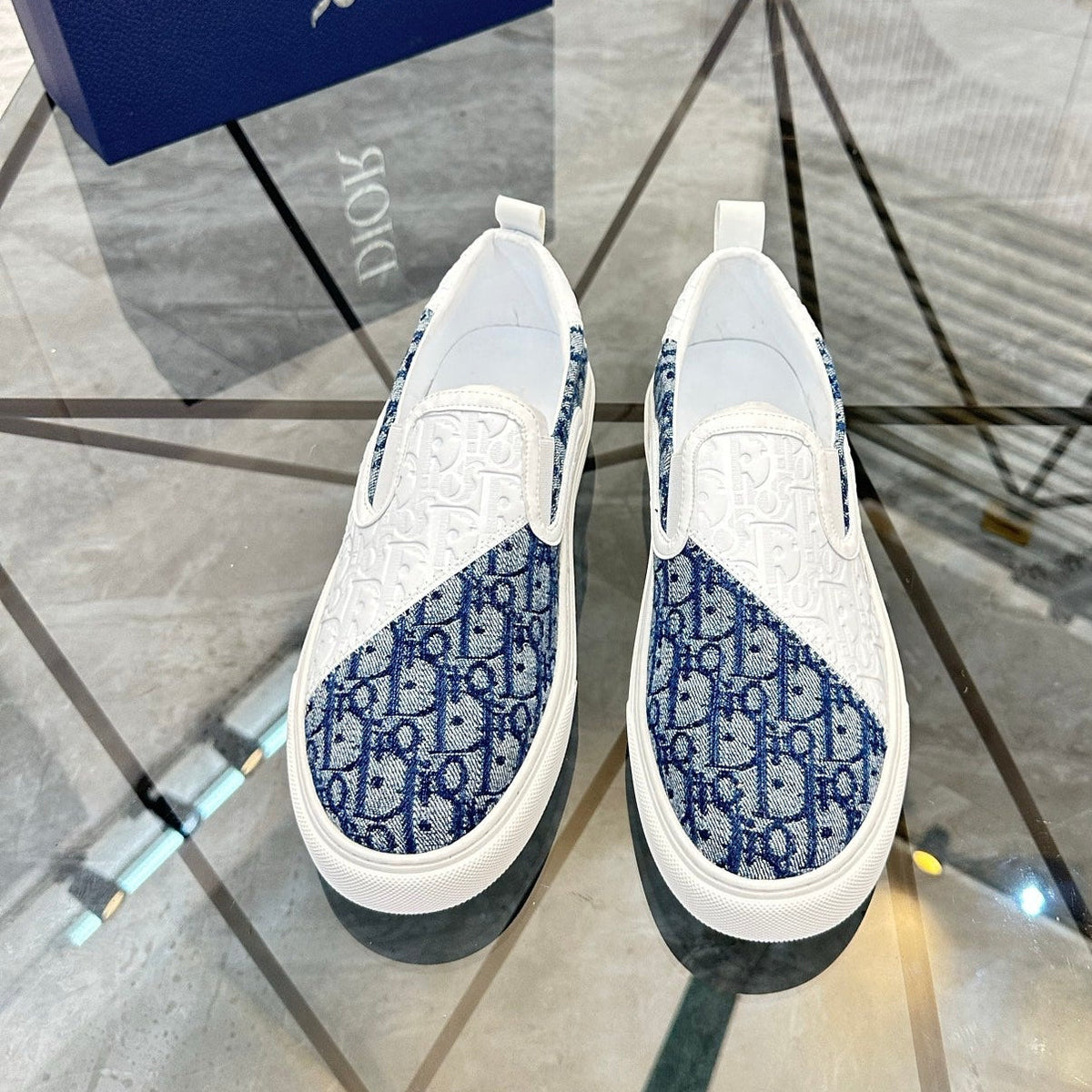 CD Slip on loafer White Blue Cowhide Fabric 647995