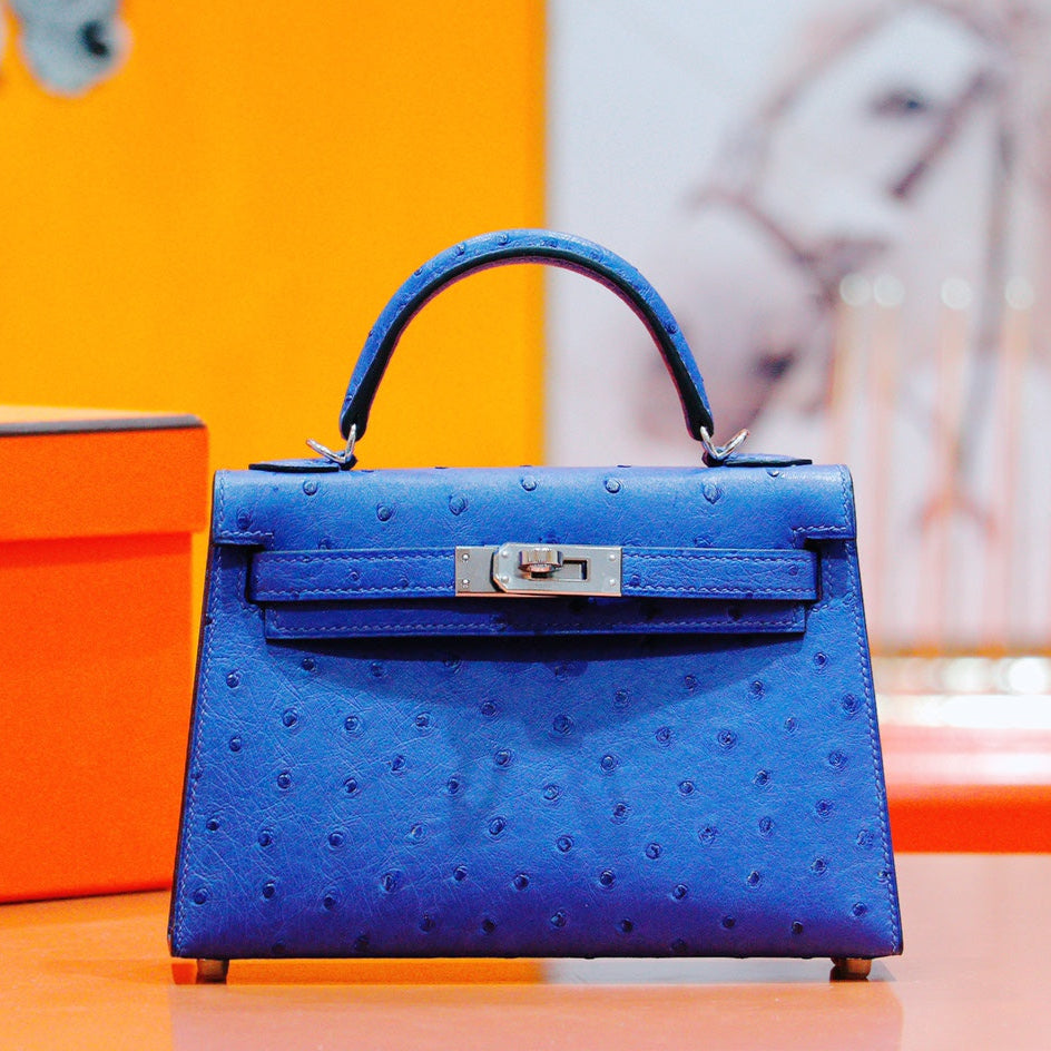 HM Mini Kelly 19cm Greek Blue Ostrich Silver Hardware