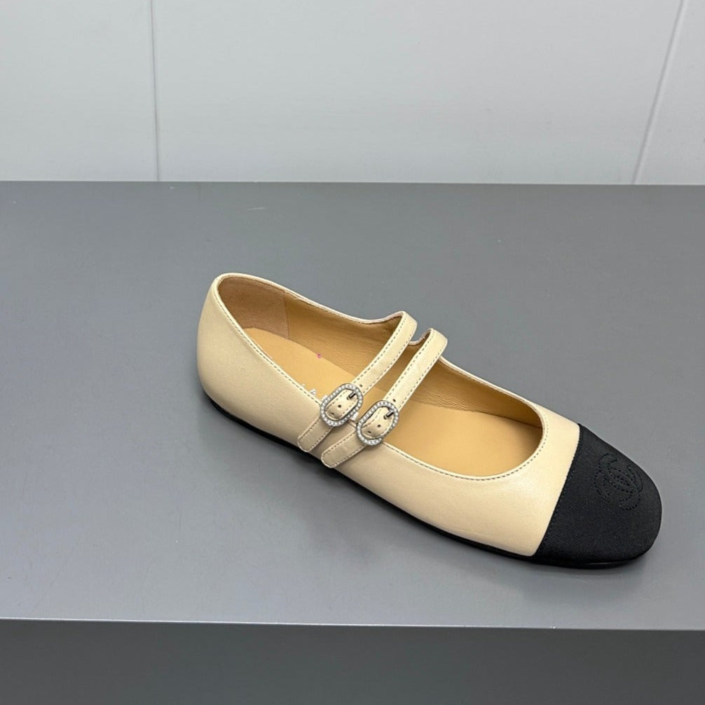 mary jane double strap beige calfskin black grosgrain