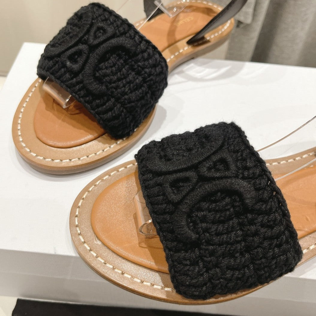 LYMPIA SANDAL IN TRIOMPHE MACCRAMÃ‰ COTTON & CALFSKIN BLACK