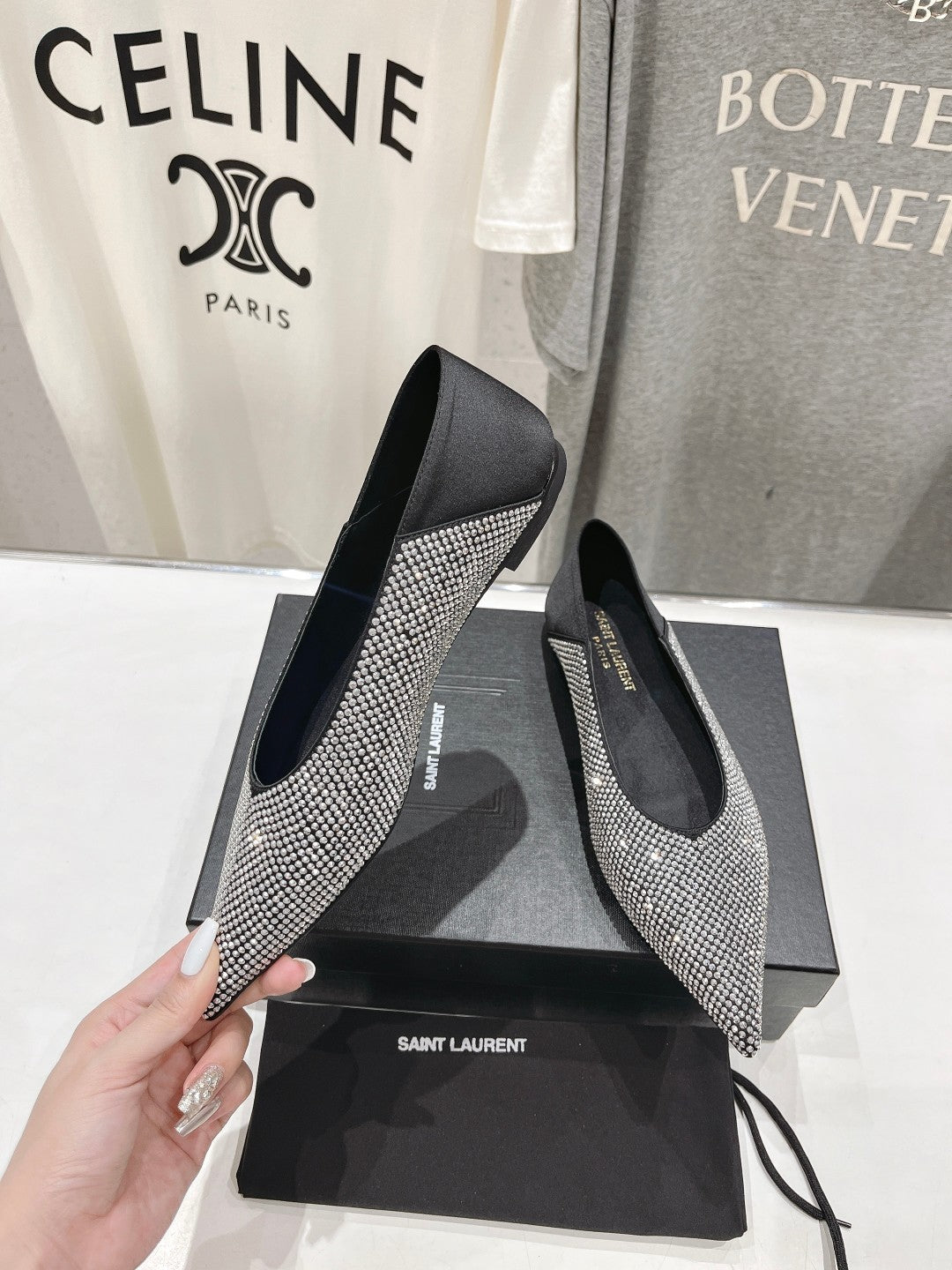 SL NOUR LEOPARD POINT TOE BALLET BLACK CRYSTAL SATIN