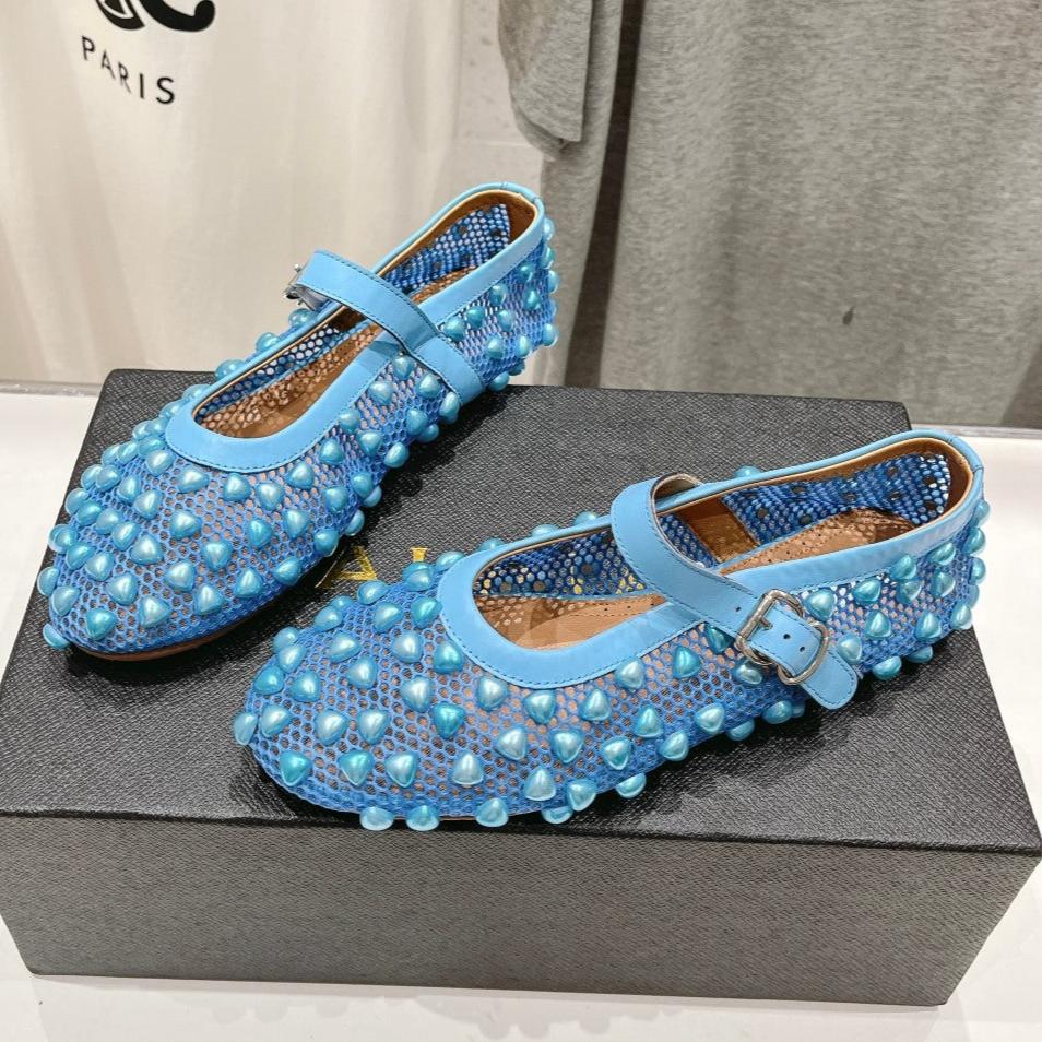 ALAIA PEARL MARY JANE SHOES IN CERULEAN BLUE MESH AND CALFSKIN