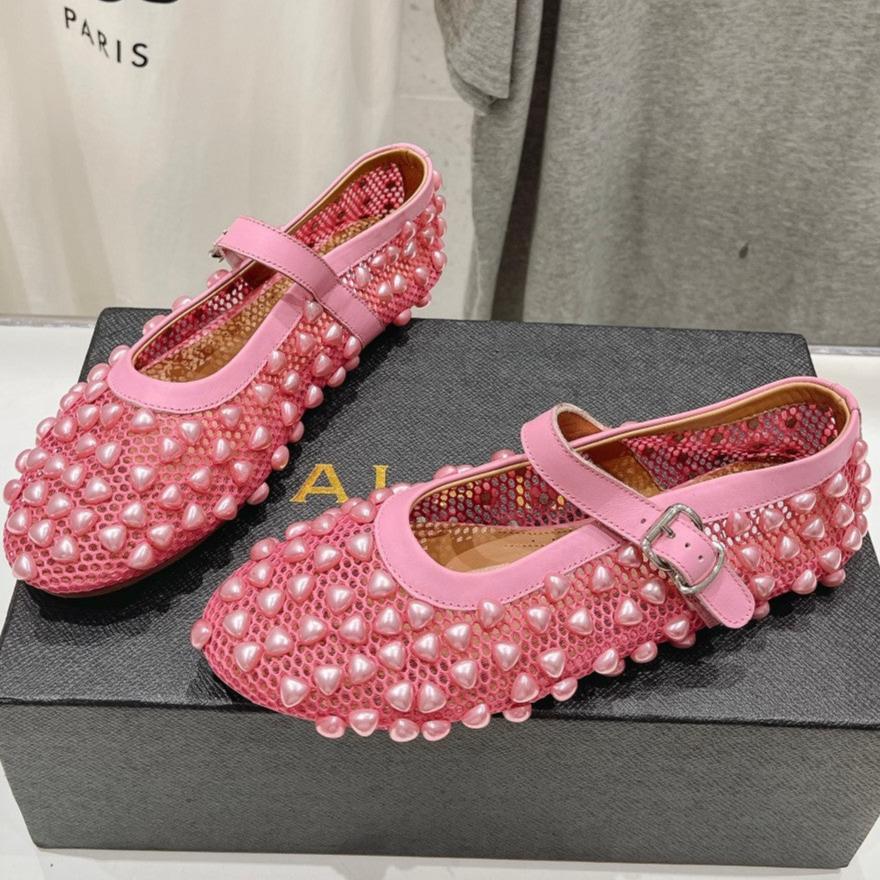 ALAIA PEARL MARY JANE SHOES IN DARK PINK MESH AND CALFSKIN