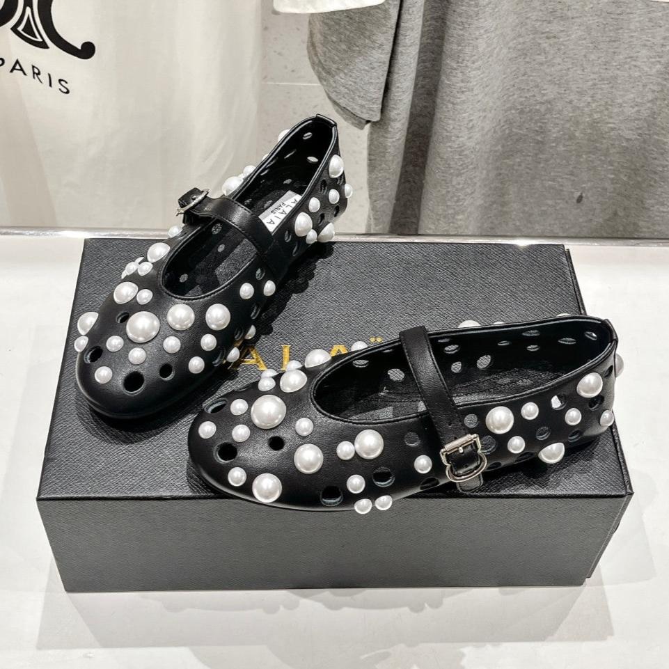 ALAIA PEARL MARY JANE SHOES BLACK MIX WHITE LAMBSKIN