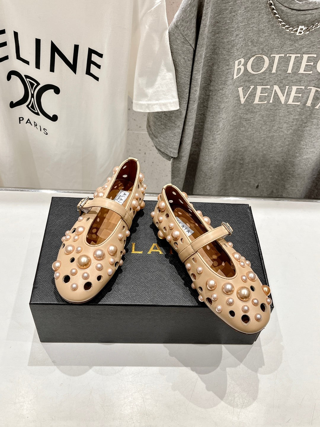ALAIA PEARL MARY JANE SHOES IN BISQUE BEIGE LAMBSKIN