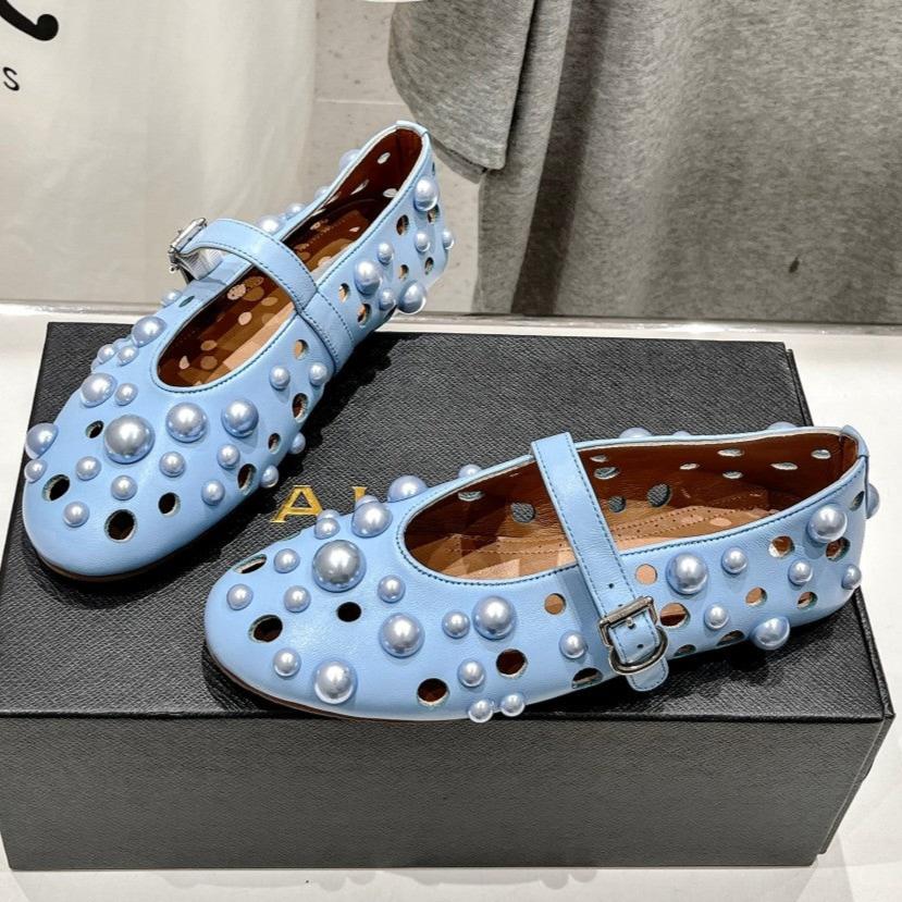 ALAIA PEARL MARY JANE SHOES IN LIGHT BLUE LAMBSKIN