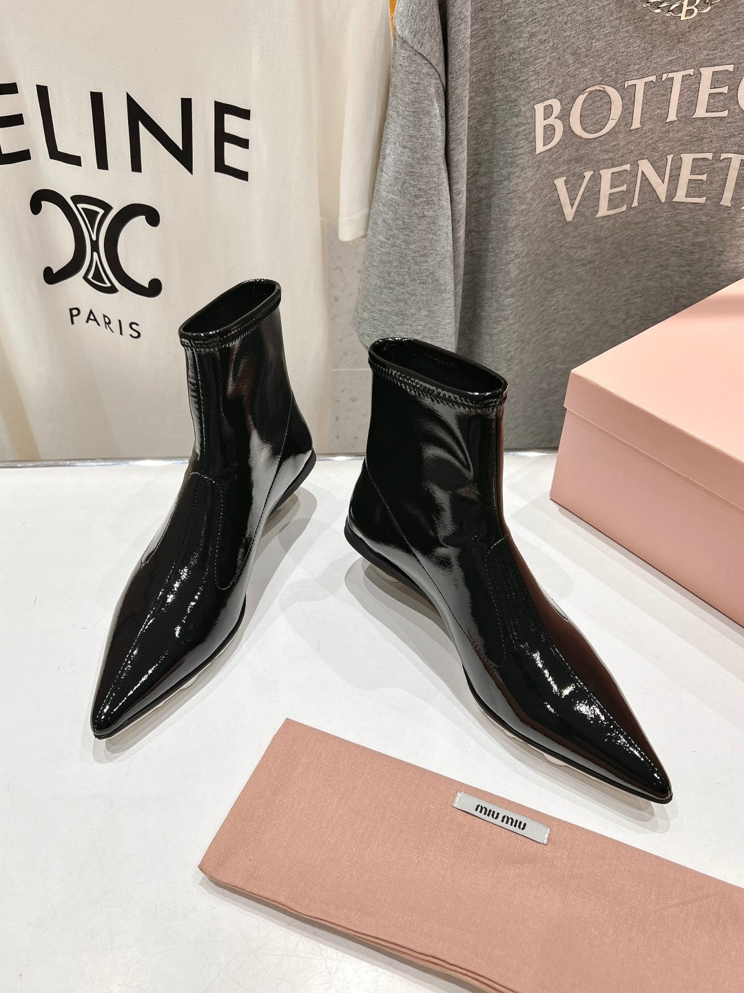 Miu Ankle Boots Pointed Toe Glossy Black Lambskin