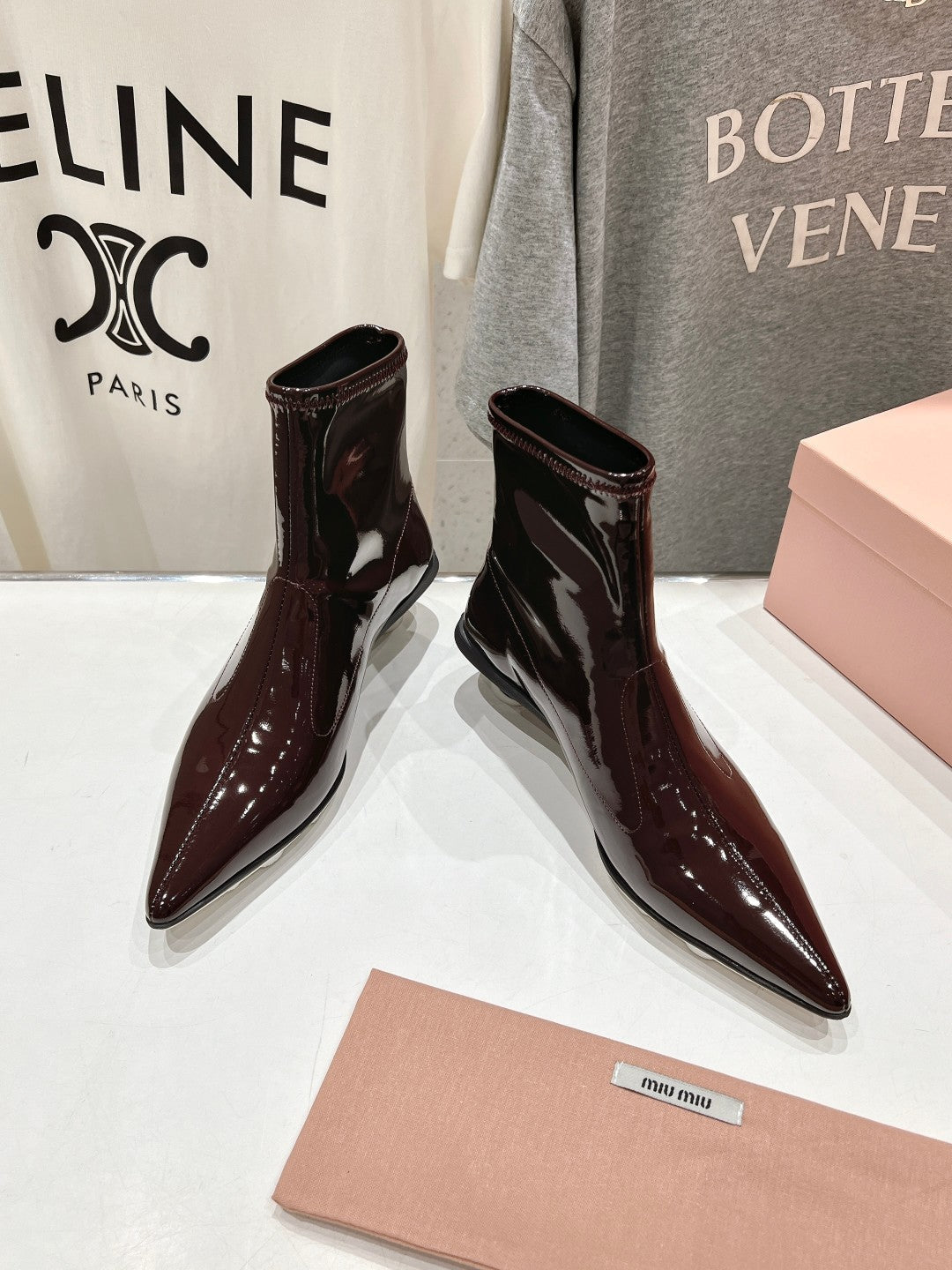 Miu Ankle Boots Pointed Toe Red Brown Lambskin