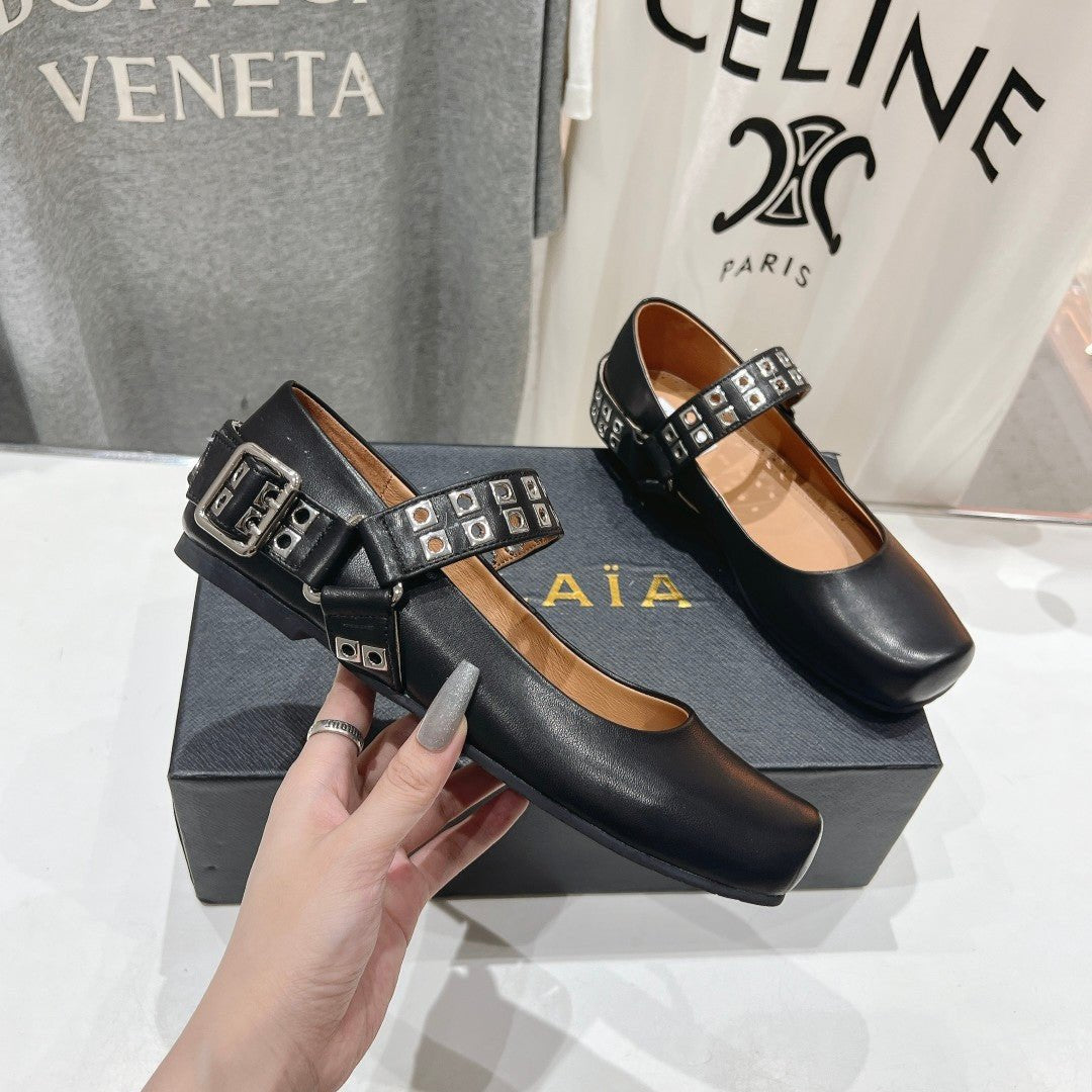 Alaila Biker Ballet Flats In Black Cowhide 911434