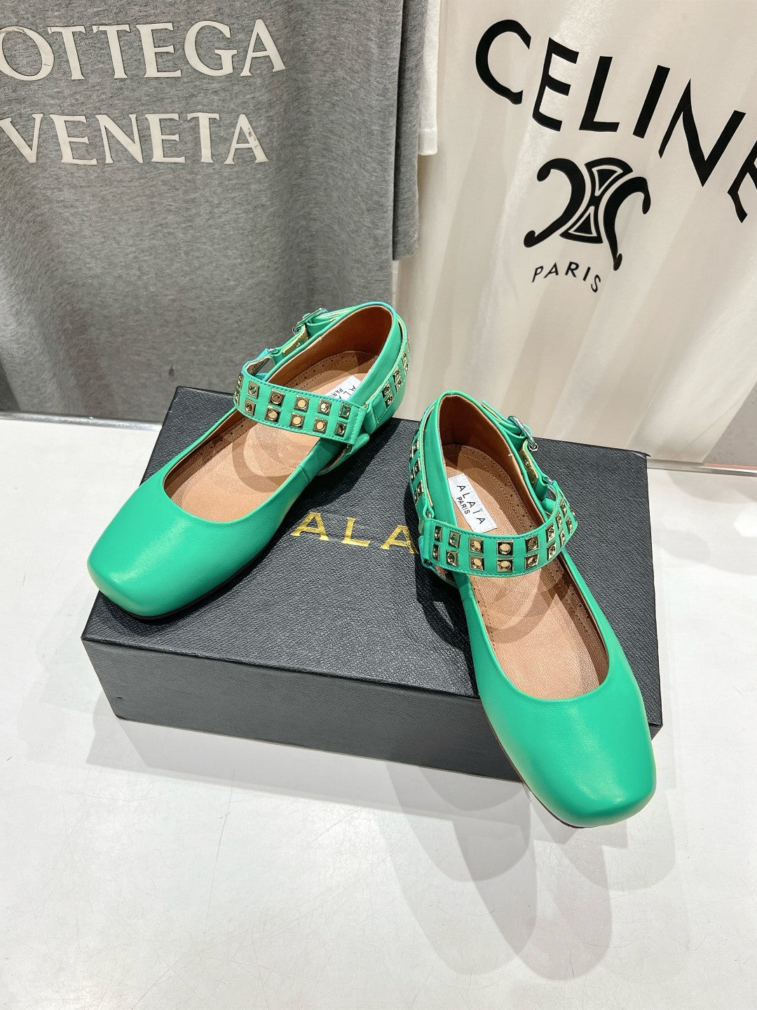 Alaila Biker Ballet Flats In Seafoam Green Cowhide 911446