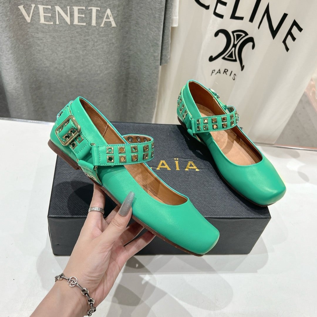 Alaila Biker Ballet Flats In Seafoam Green Cowhide 911446