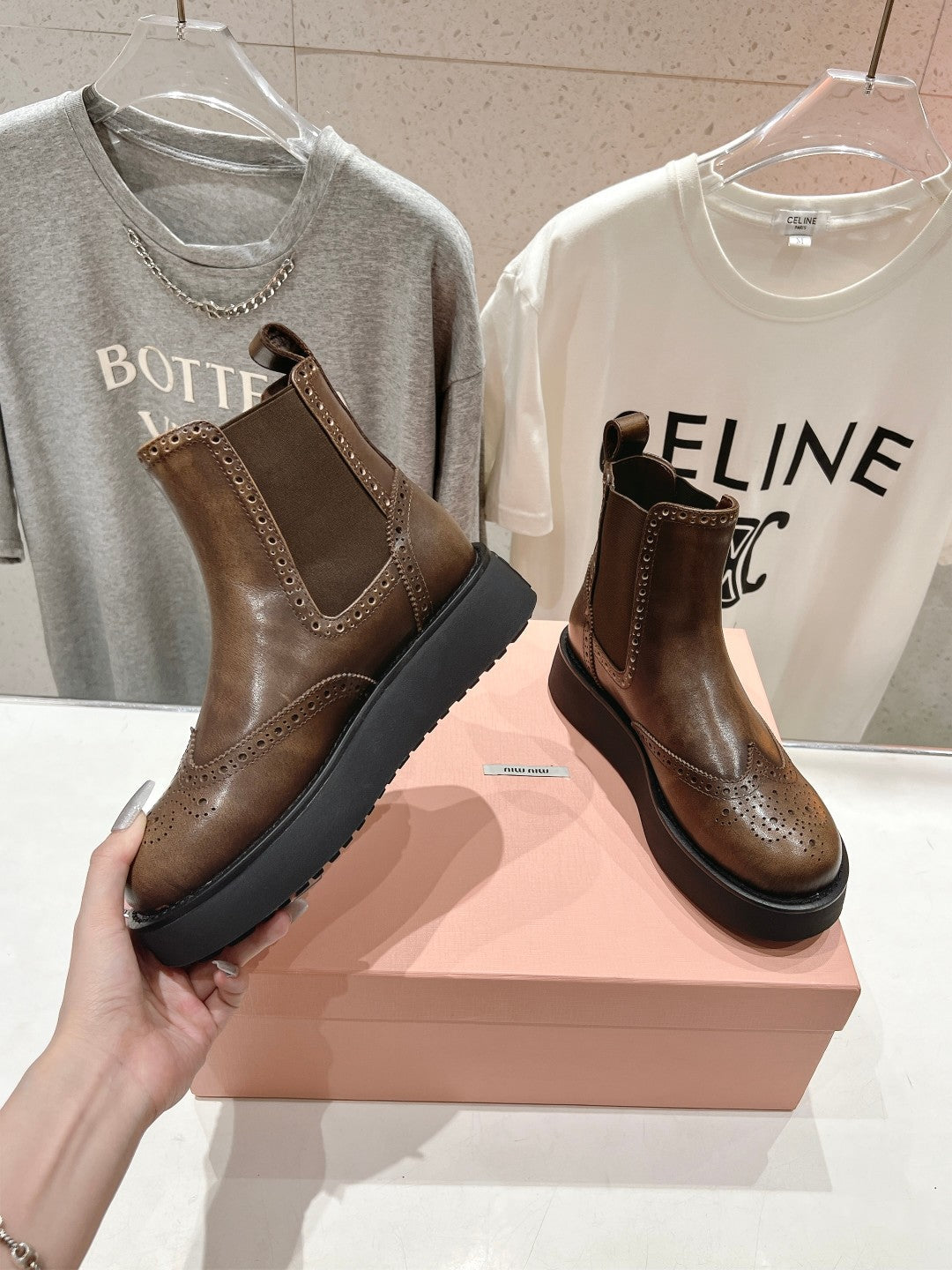 Miu Ankle Boots Coffee Brown Polished Calfskin