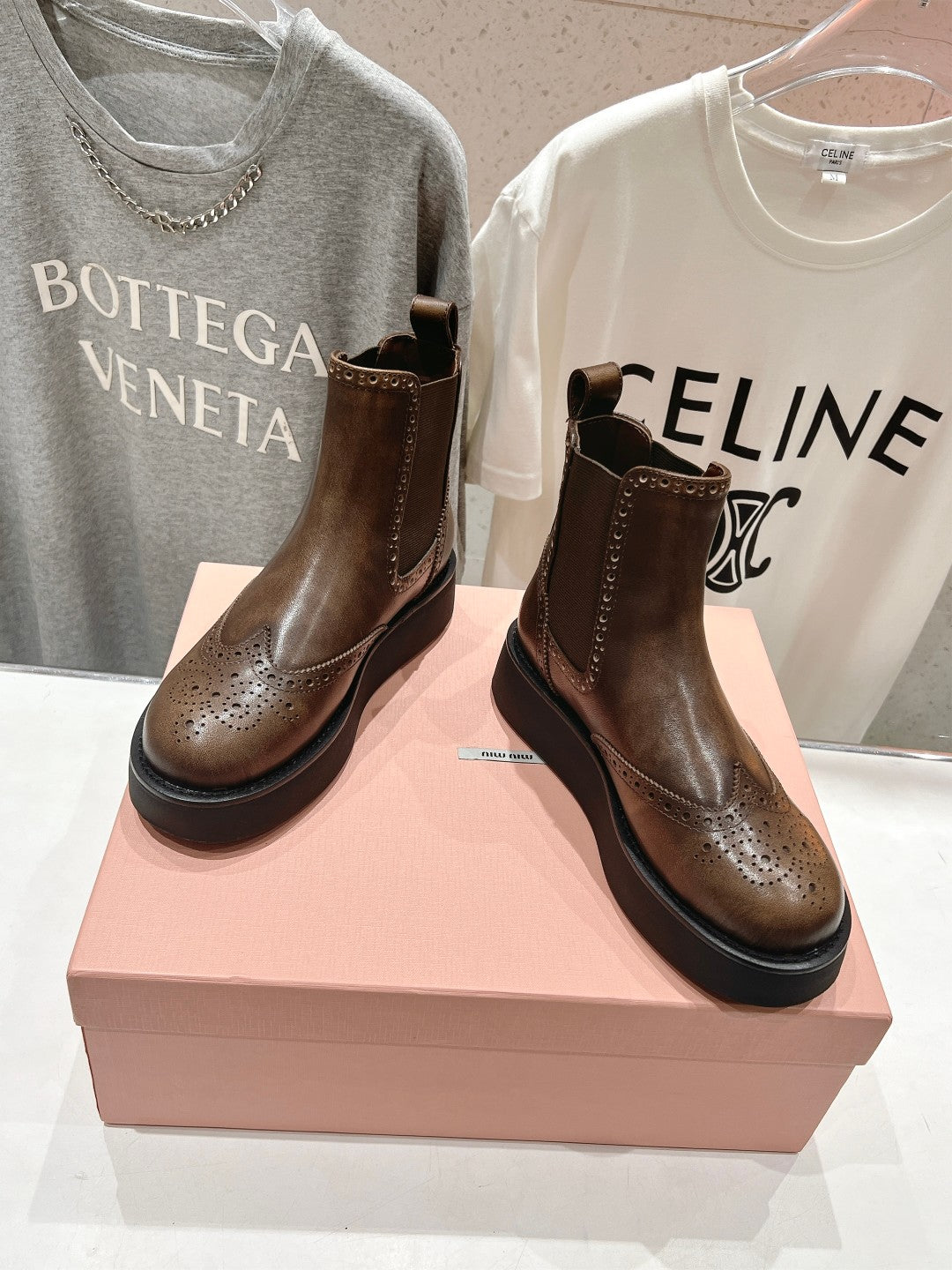 Miu Ankle Boots Coffee Brown Polished Calfskin