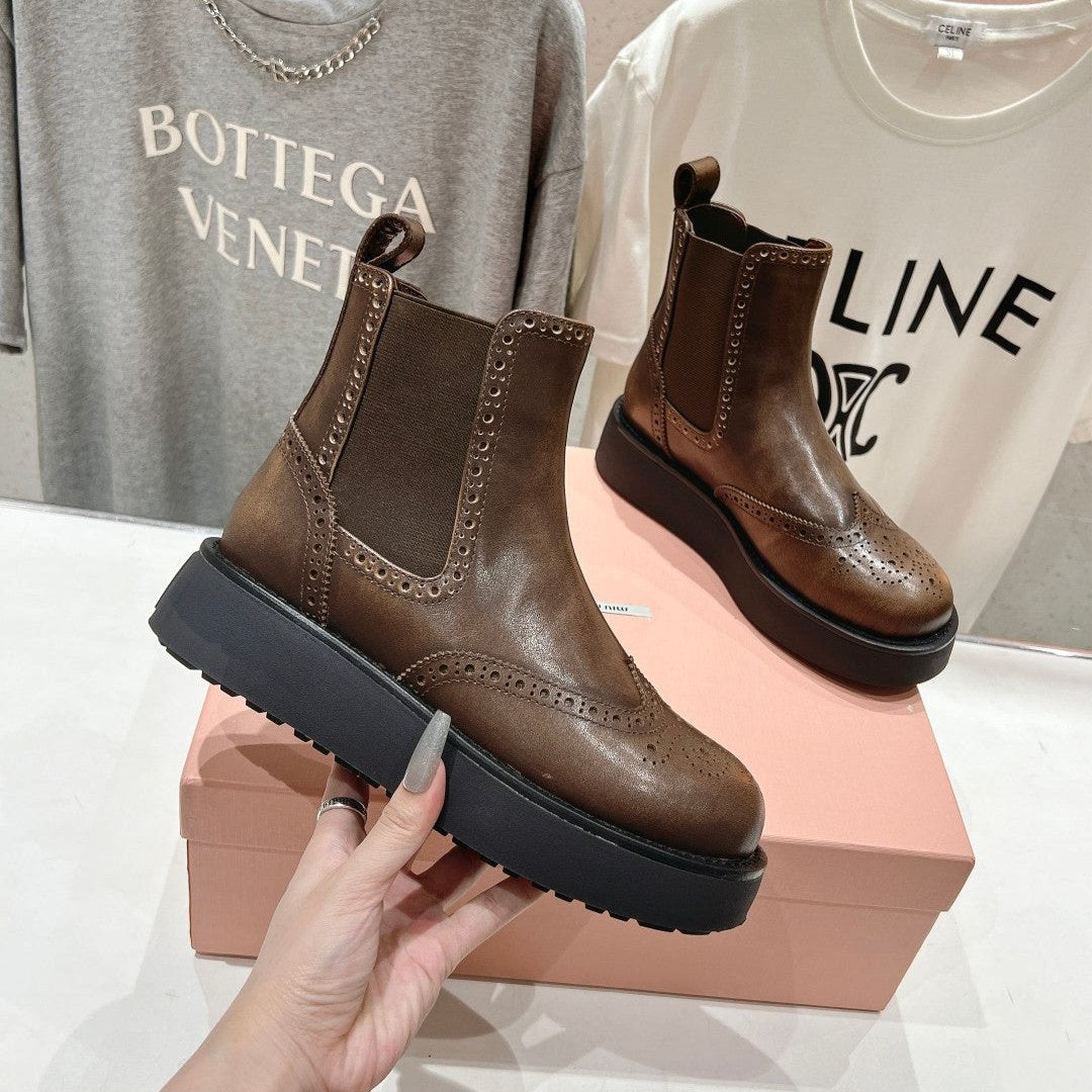 Miu Ankle Boots Coffee Brown Polished Calfskin