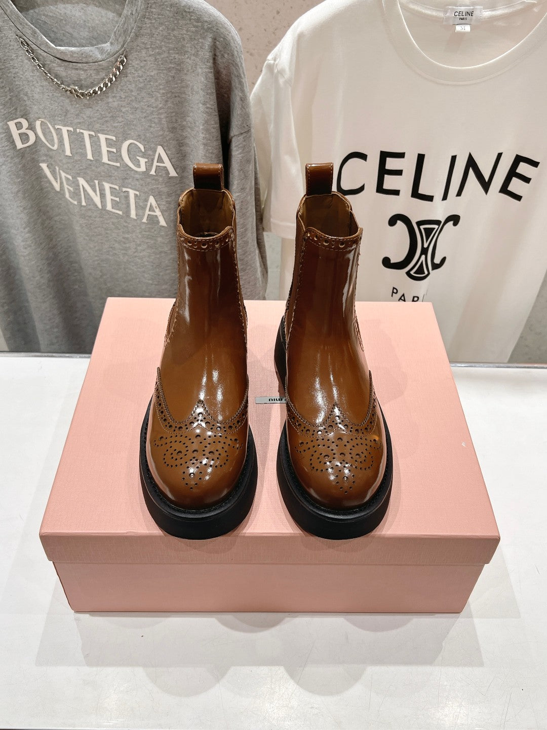Miu Ankle Boots Caramel Brown Polished Calfskin